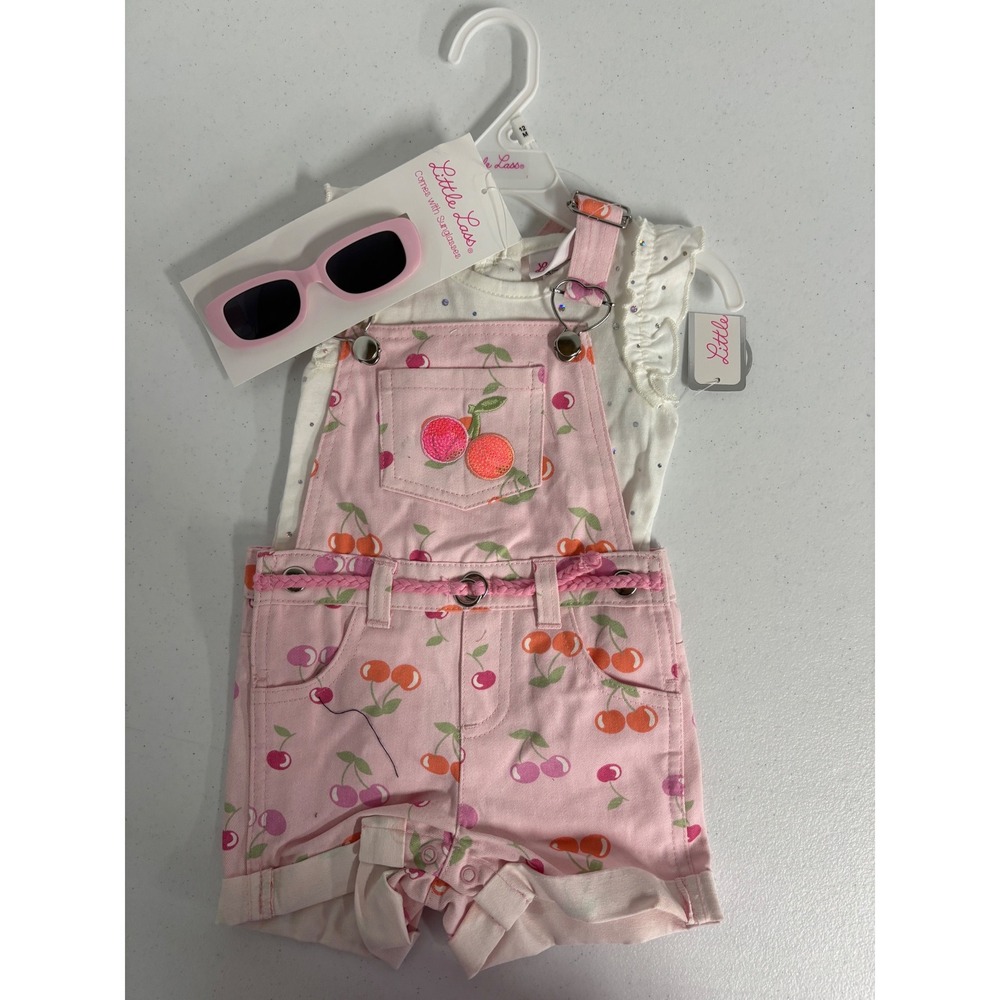 Little Lass Baby Girls 12M Cherry Print Shortall Set with Shirt and Sunglasses